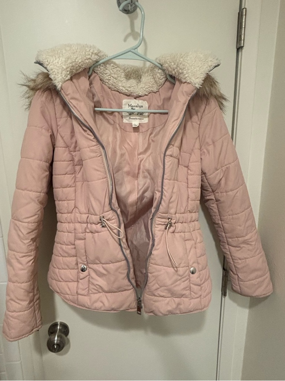 Maralyn & Me Light Pink Quilted Hooded Puffer with Faux Fur Trim small